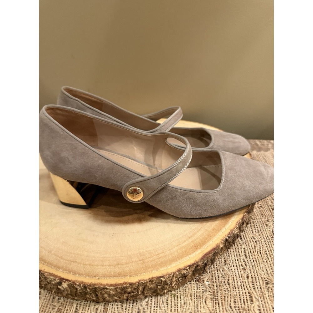 Tory Burch Marisa 40mm Mary Jane Pump in Grey Suede Strap Gold Accent Sz-7 298$ - Picture 6 of 11